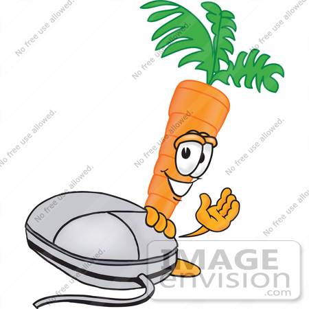#27573 Clip Art Graphic of an Organic Veggie Carrot Mascot Character Waving and Standing by a Computer Mouse by toons4biz