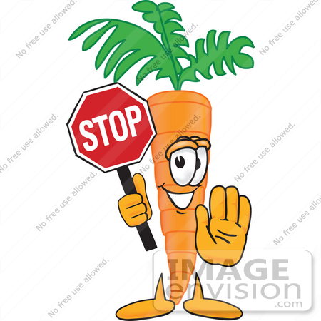 #27576 Clip Art Graphic of an Organic Veggie Carrot Mascot Character Holding a Stop Sign by toons4biz