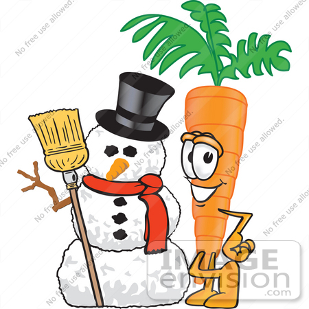 #27578 Clip Art Graphic of an Organic Veggie Carrot Mascot Character Standing by a Snowman by toons4biz
