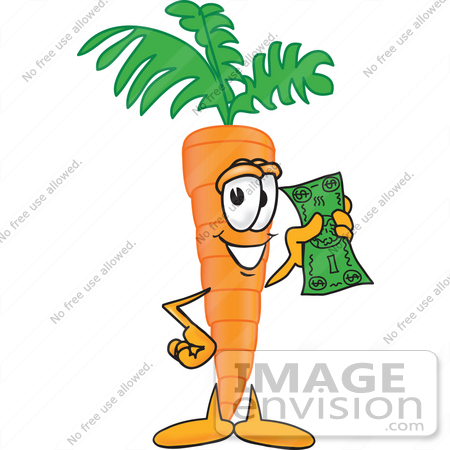 #27580 Clip Art Graphic of an Organic Veggie Carrot Mascot Character Holding a Green Dollar Bill by toons4biz