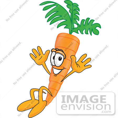 #27581 Clip Art Graphic of an Organic Veggie Carrot Mascot Character Jumping by toons4biz