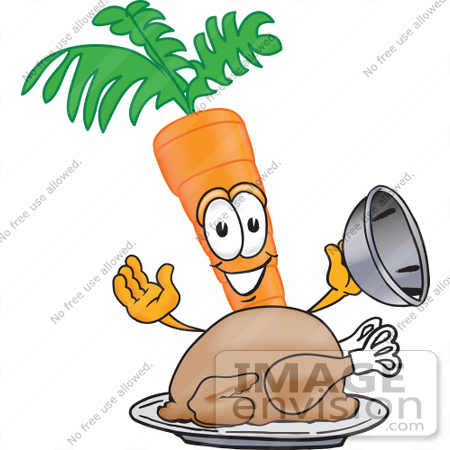 #27583 Clip Art Graphic of an Organic Veggie Carrot Mascot Character Serving a Thanksgiving Turkey on a Platter by toons4biz