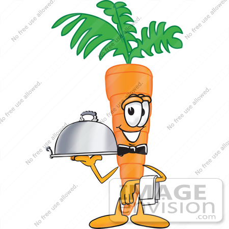 #27584 Clip Art Graphic of an Organic Veggie Carrot Mascot Character Serving a Platter While Waiting Tables by toons4biz