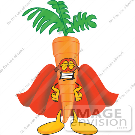 #27587 Clip Art Graphic of an Organic Veggie Carrot Mascot Character Wearing a Super Hero Cape and Mask by toons4biz