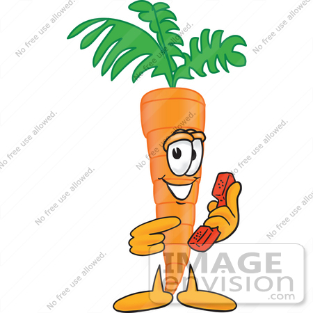 #27588 Clip Art Graphic of an Organic Veggie Carrot Mascot Character Holding and Pointing to a Red Phone by toons4biz