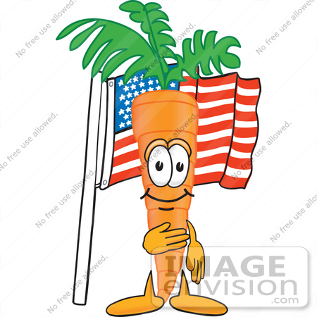 #27589 Clip Art Graphic of an Organic Veggie Carrot Mascot Character Standing in Front of an American Flag With One Hand on His Heart by toons4biz