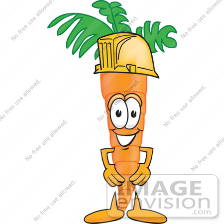 #27591 Clip Art Graphic of an Organic Veggie Carrot Mascot Character Wearing a Yellow Helmet Hardhat by toons4biz