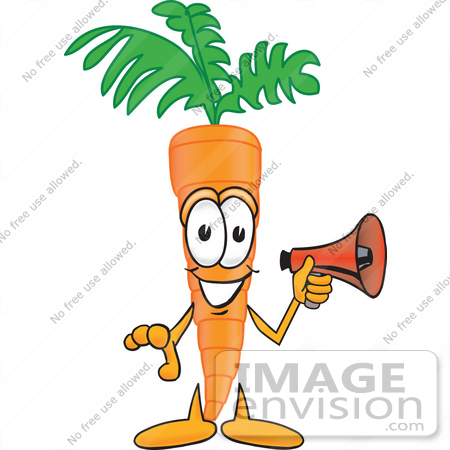 #27592 Clip Art Graphic of an Organic Veggie Carrot Mascot Character Holding a Megaphone Bullhorn by toons4biz