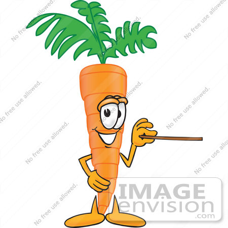 #27593 Clip Art Graphic of an Organic Veggie Carrot Mascot Character Using a Pointer Stick and Pointing to the Right by toons4biz