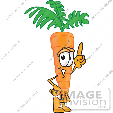 #27594 Clip Art Graphic of an Organic Veggie Carrot Mascot Character Pointing Up by toons4biz