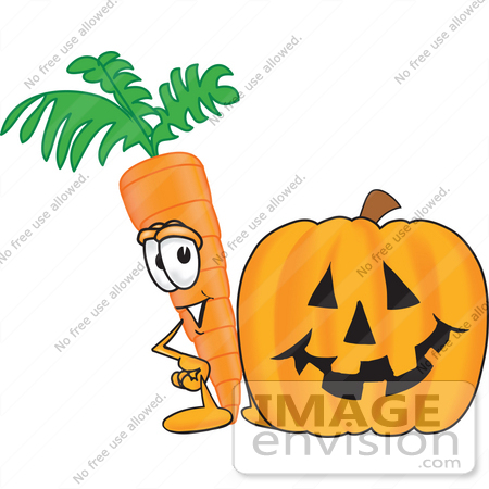 #27595 Clip Art Graphic of an Organic Veggie Carrot Mascot Character Standing by a Halloween Pumpkin by toons4biz
