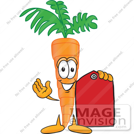 #27596 Clip Art Graphic of an Organic Veggie Carrot Mascot Character Holding a Red Price Tag by toons4biz