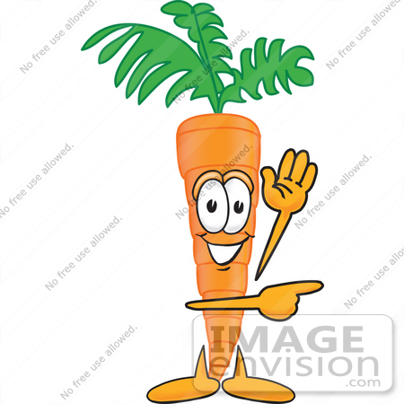 #27598 Clip Art Graphic of an Organic Veggie Carrot Mascot Character Waving and Pointing to the Right by toons4biz