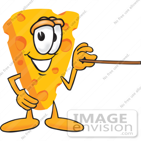 #27610 Clip Art Graphic of a Swiss Cheese Wedge Mascot Character Using a Pointer Stick by toons4biz