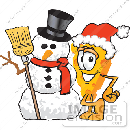 #27612 Clip Art Graphic of a Swiss Cheese Wedge Mascot Character Standing by a Snowman by toons4biz