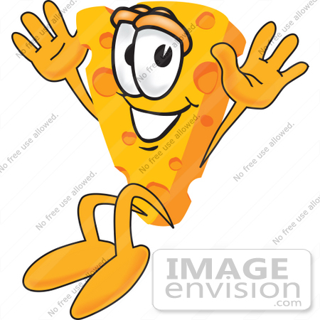 #27613 Clip Art Graphic of a Swiss Cheese Wedge Mascot Character Jumping by toons4biz