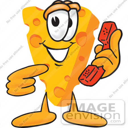 #27614 Clip Art Graphic of a Swiss Cheese Wedge Mascot Character Holding and Pointing to a Red Phone by toons4biz