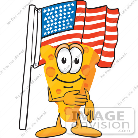 #27615 Clip Art Graphic of a Swiss Cheese Wedge Mascot Character Pledging Allegiance to an American Flag by toons4biz