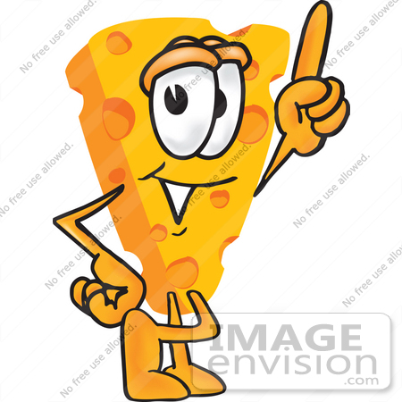 #27621 Clip Art Graphic of a Swiss Cheese Wedge Mascot Character Pointing Upwards by toons4biz