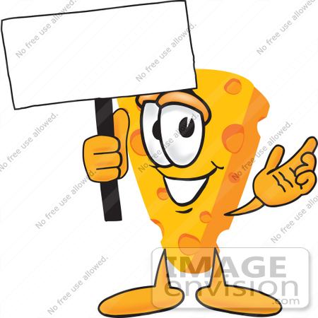 #27622 Clip Art Graphic of a Swiss Cheese Wedge Mascot Character Waving a Blank White Advertisement Sign by toons4biz