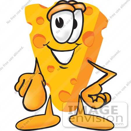#27623 Clip Art Graphic of a Swiss Cheese Wedge Mascot Character Pointing Outwards at the Viewer by toons4biz