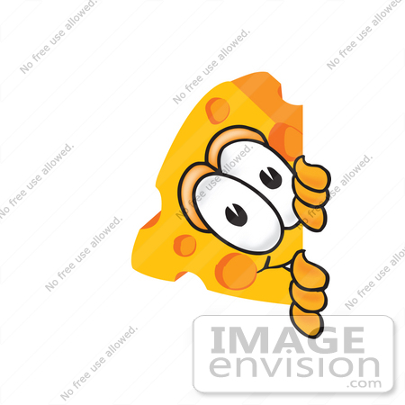 #27627 Clip Art Graphic of a Swiss Cheese Wedge Mascot Character Sneakily Peeking Around a Corner by toons4biz