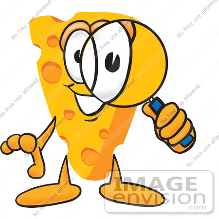 #27629 Clip Art Graphic of a Swiss Cheese Wedge Mascot Character Looking Through a Magnifying Glass by toons4biz