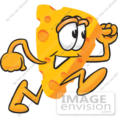 #27632 Clip Art Graphic of a Swiss Cheese Wedge Mascot Character Running Fast by toons4biz