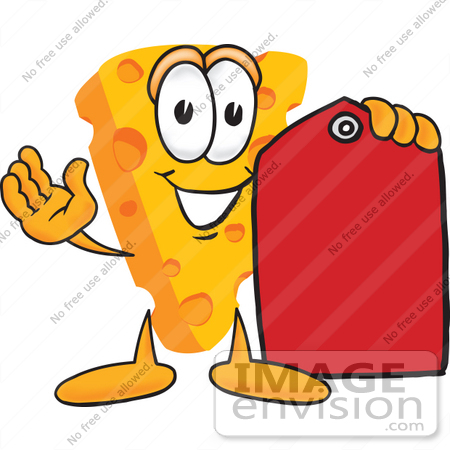 #27633 Clip Art Graphic of a Swiss Cheese Wedge Mascot Character Holding a Blank Red Sales Price Tag by toons4biz