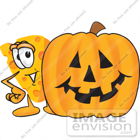 #27634 Clip Art Graphic of a Swiss Cheese Wedge Mascot Character Standing Beside a Carved Halloween Pumpkin by toons4biz