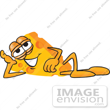 #27635 Clip Art Graphic of a Swiss Cheese Wedge Mascot Character Lying on His Side and Resting His Head on His Hand by toons4biz