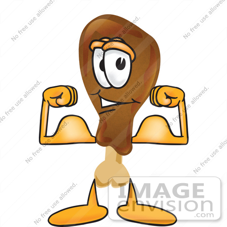 #27643 Clip Art Graphic of a Chicken Drumstick Mascot Character Flexing His Arm Muscles by toons4biz