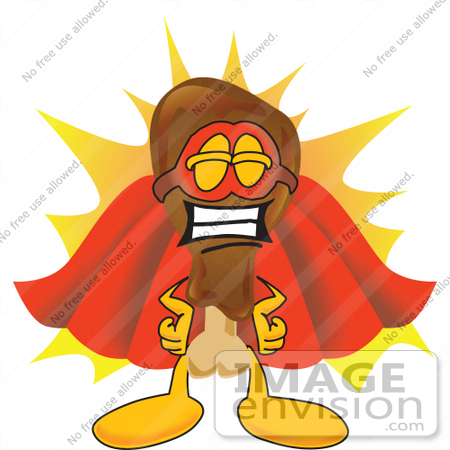 #27645 Clip Art Graphic of a Chicken Drumstick Mascot Character Dressed as a Super Hero by toons4biz