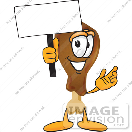 #27646 Clip Art Graphic of a Chicken Drumstick Mascot Character Holding a Blank Sign by toons4biz