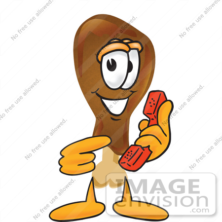 #27649 Clip Art Graphic of a Chicken Drumstick Mascot Character Holding a Telephone by toons4biz
