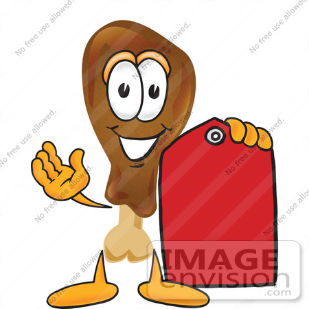 #27653 Clip Art Graphic of a Chicken Drumstick Mascot Character Holding a Red Sales Price Tag by toons4biz