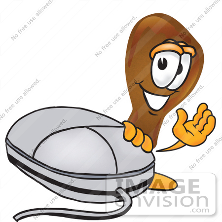 #27655 Clip Art Graphic of a Chicken Drumstick Mascot Character With a Computer Mouse by toons4biz