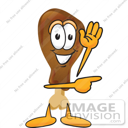 #27658 Clip Art Graphic of a Chicken Drumstick Mascot Character Waving and Pointing by toons4biz