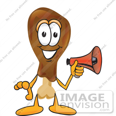 #27659 Clip Art Graphic of a Chicken Drumstick Mascot Character Holding a Megaphone by toons4biz