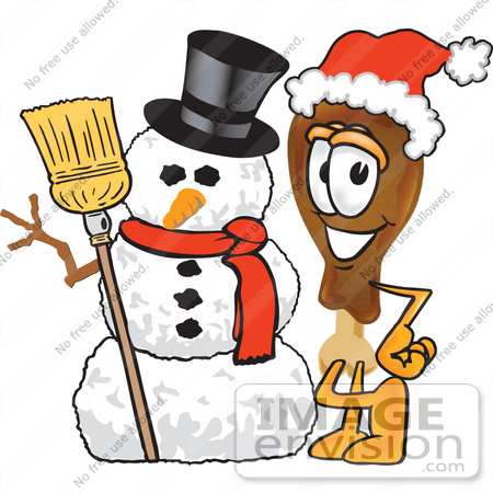 #27660 Clip Art Graphic of a Chicken Drumstick Mascot Character With a Snowman on Christmas by toons4biz