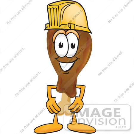 #27664 Clip Art Graphic of a Chicken Drumstick Mascot Character Wearing a Hardhat Helmet by toons4biz