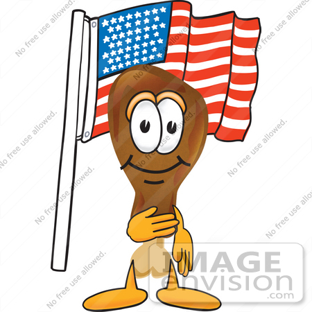 #27665 Clip Art Graphic of a Chicken Drumstick Mascot Character Pledging Allegiance to an American Flag by toons4biz