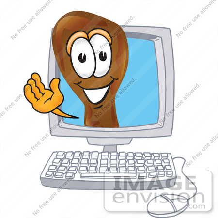 #27668 Clip Art Graphic of a Chicken Drumstick Mascot Character Waving From Inside a Computer Screen by toons4biz