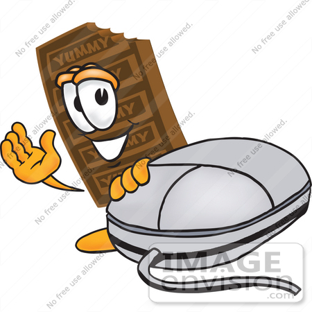 #27675 Clip Art Graphic of a Chocolate Candy Bar Mascot Character With a Computer Mouse by toons4biz