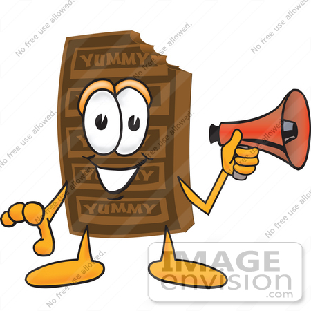 #27677 Clip Art Graphic of a Chocolate Candy Bar Mascot Character Holding a Megaphone by toons4biz