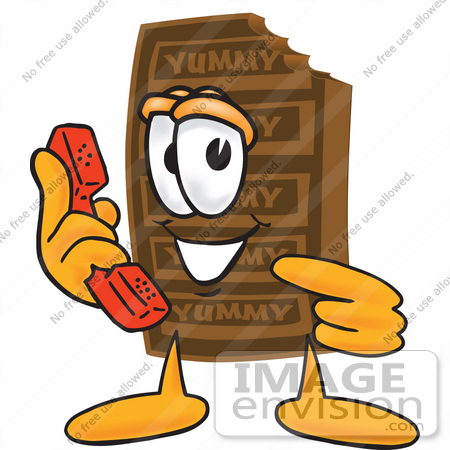 #27678 Clip Art Graphic of a Chocolate Candy Bar Mascot Character Holding a Telephone by toons4biz