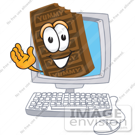 #27679 Clip Art Graphic of a Chocolate Candy Bar Mascot Character Waving From Inside a Computer Screen by toons4biz