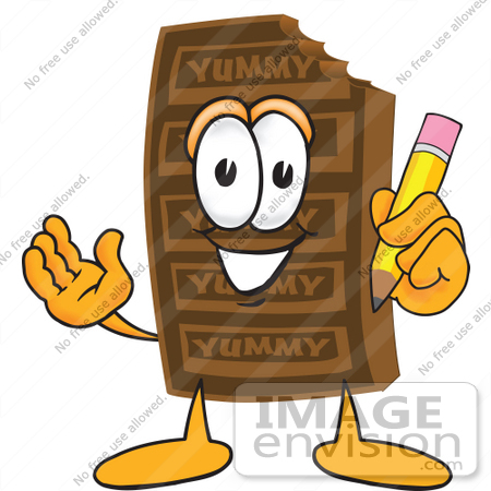 #27683 Clip Art Graphic of a Chocolate Candy Bar Mascot Character Holding a Pencil by toons4biz