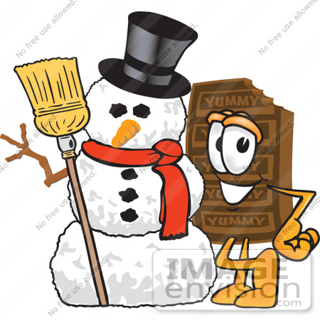 #27686 Clip Art Graphic of a Chocolate Candy Bar Mascot Character With a Snowman on Christmas by toons4biz