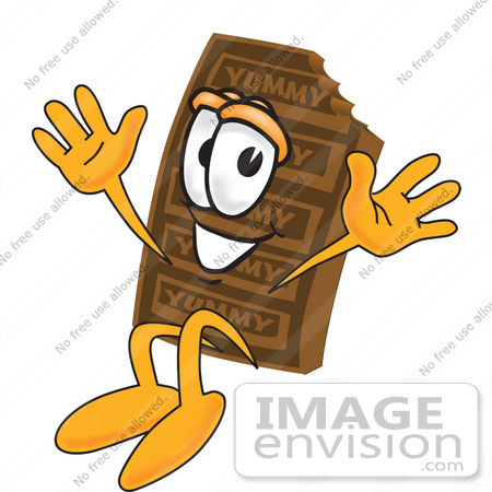 #27688 Clip Art Graphic of a Chocolate Candy Bar Mascot Character Jumping by toons4biz